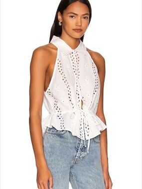 Free People Tangerine White Cotton Eyelet Halter Tank Top Large Boho Festival